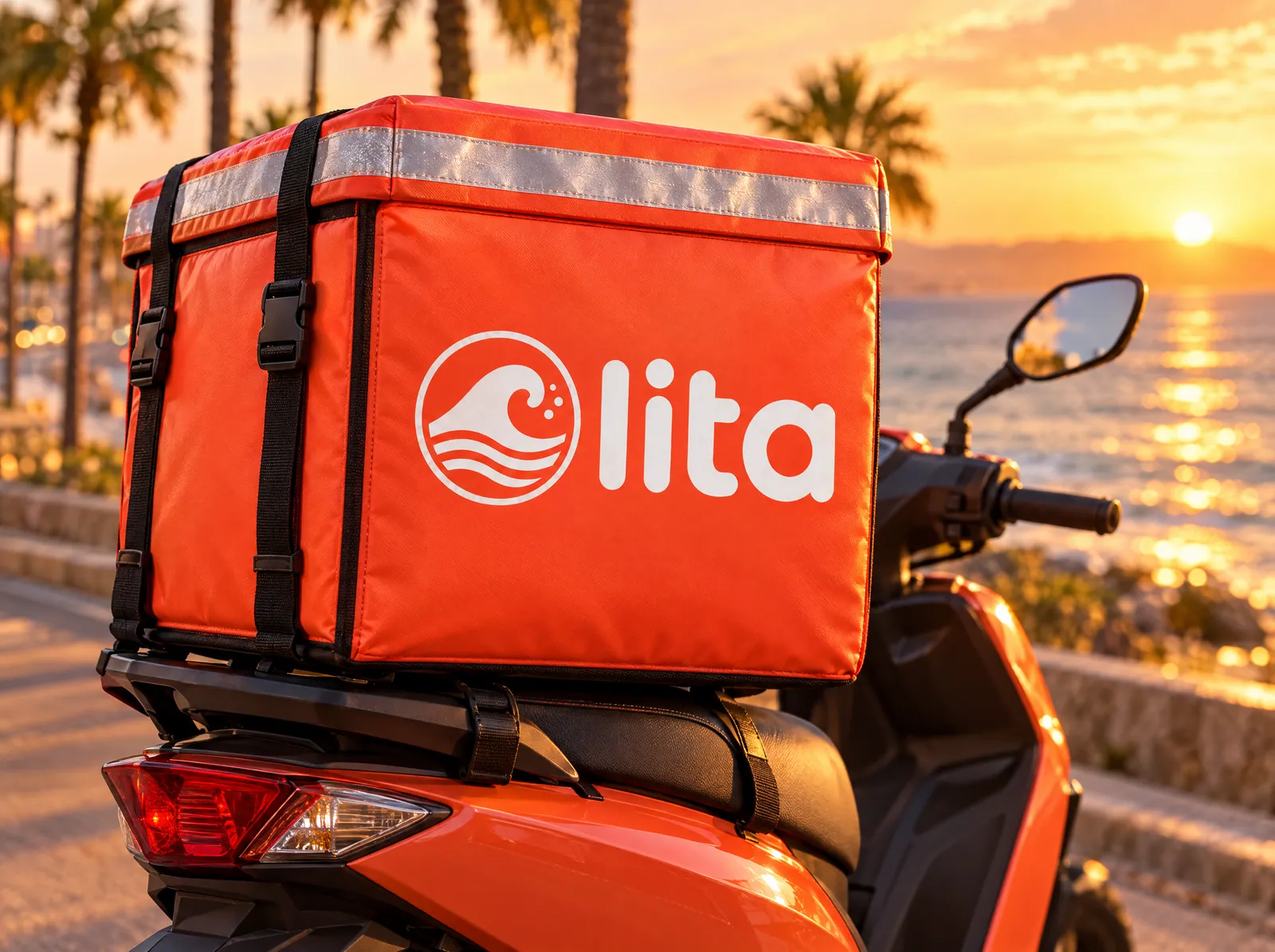 Concepto visual de mochila Olita en una moto frente al mar