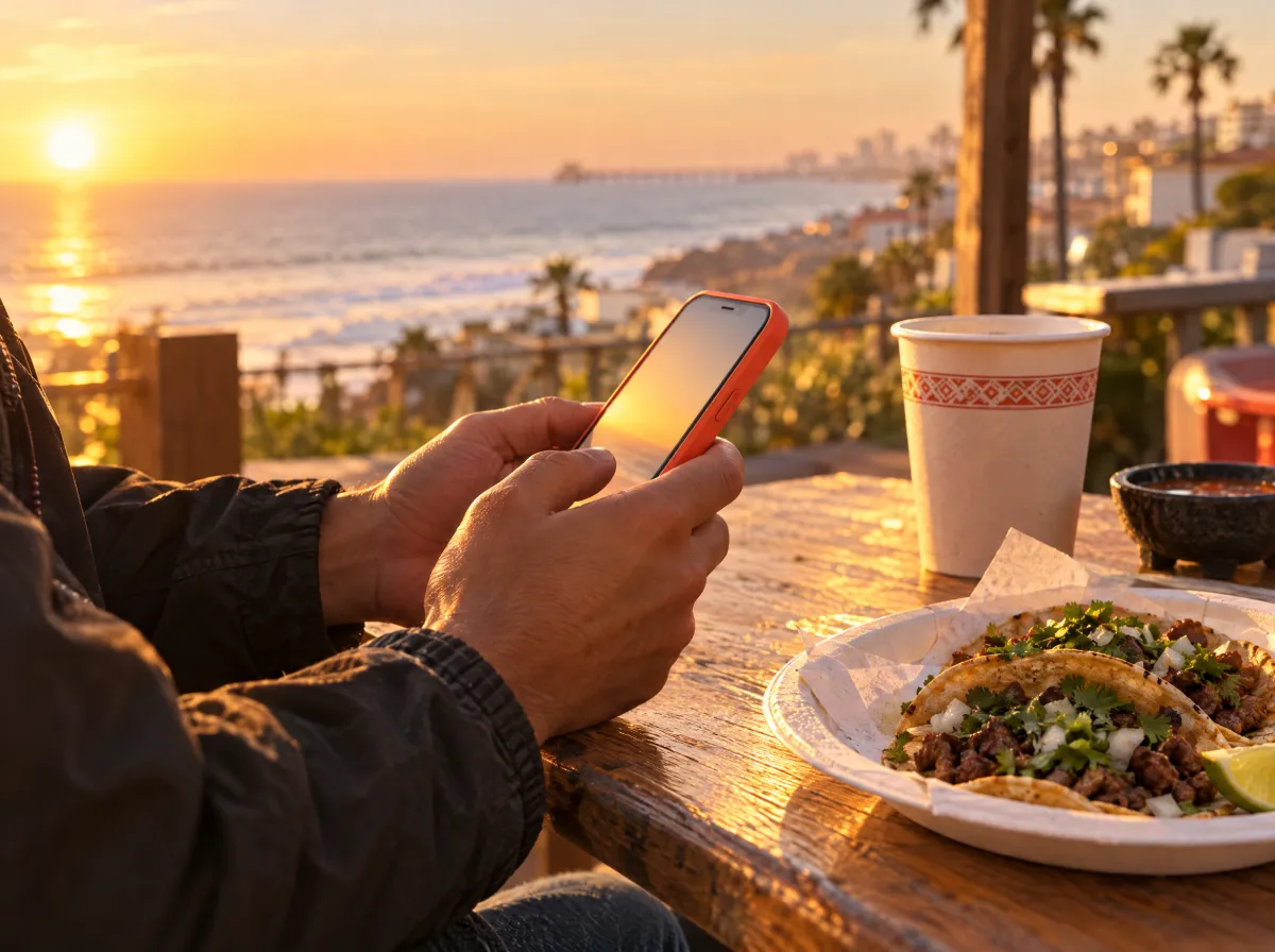 Manos con un celular de funda coral pidiendo un mandado en una terraza frente al mar